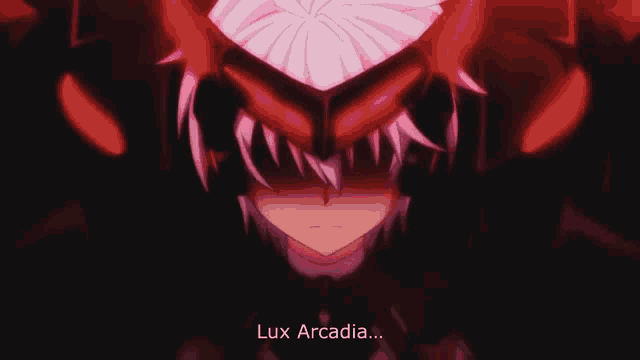 a close up of a person 's face with the words lux arcadia written below it