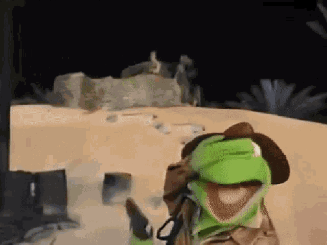 kermit the frog wearing a cowboy hat is standing in the desert .