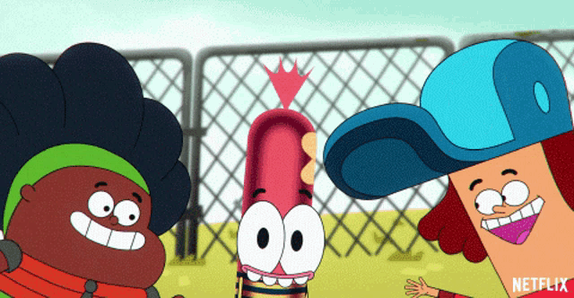 three cartoon characters standing next to each other with netflix written on the bottom right