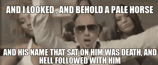a man wearing sunglasses stands in front of two women and says " and i looked "