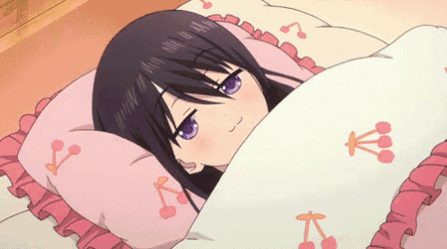 a girl with purple eyes is laying in bed under a blanket with cherries on it