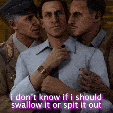 three men are standing next to each other with a caption that says i don 't know if i should