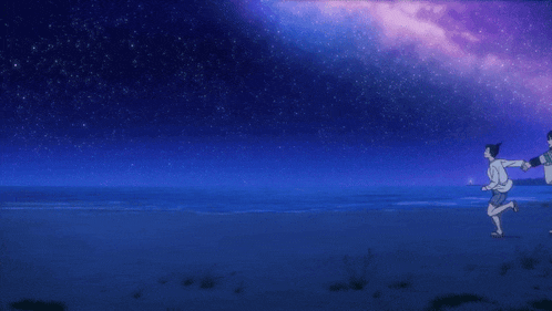 a man and a woman running on a beach at night