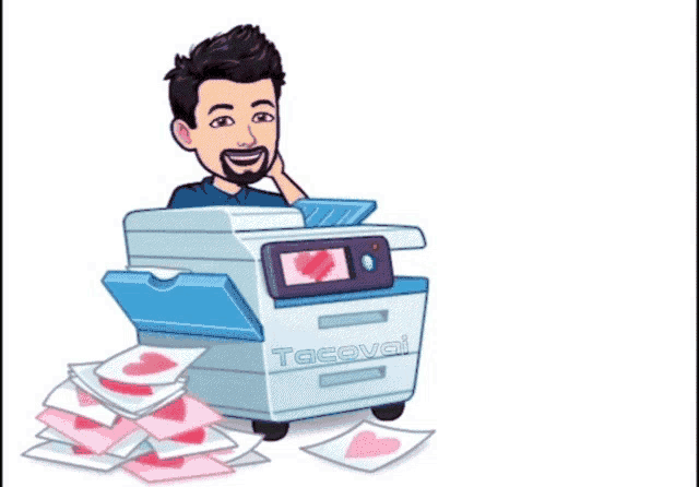 a cartoon of a man sitting in a tacova printer