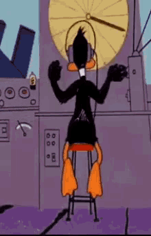 a cartoon of a duck wearing headphones standing in front of a clock