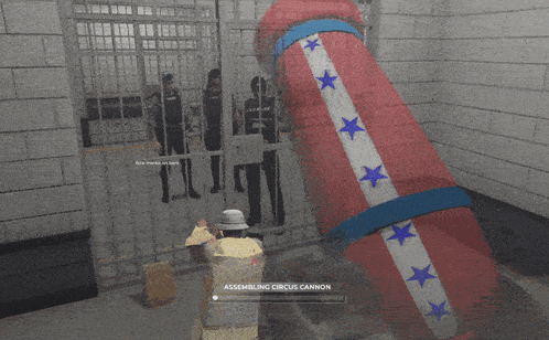 a video game screen shows a man assembling a circus cannon in a prison cell