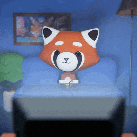 a red panda sitting on a couch with a book in its paws