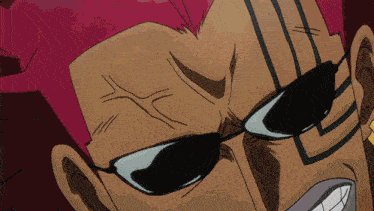 a close up of a cartoon character with red hair and sunglasses