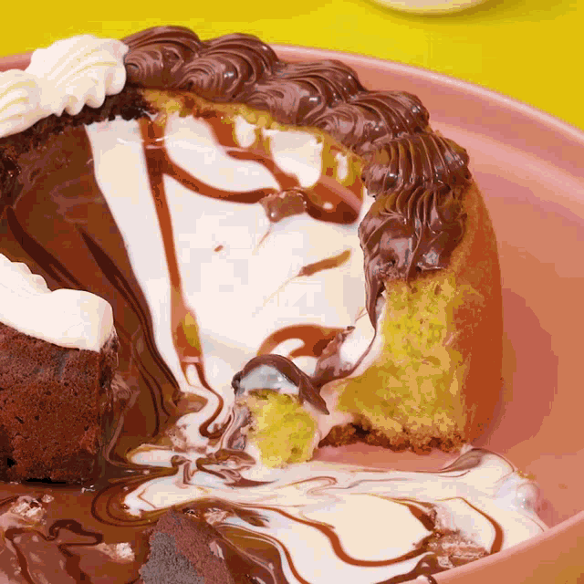 a chocolate cake with whipped cream and chocolate sauce on a pink plate