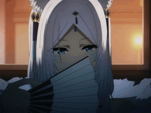 a girl with white hair and blue eyes is holding a fan in front of her face