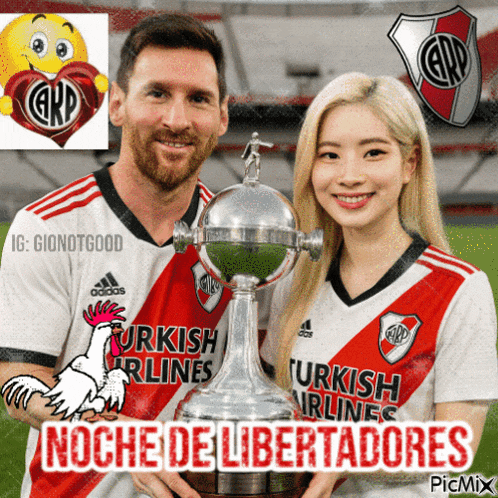 a man and a woman holding a trophy with the words noche de libertadores on the bottom