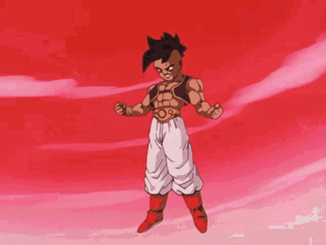 a cartoon character from dragon ball z is standing in front of a red sky .