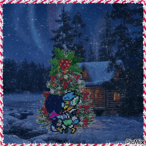 a pixel art of a christmas tree in the snow
