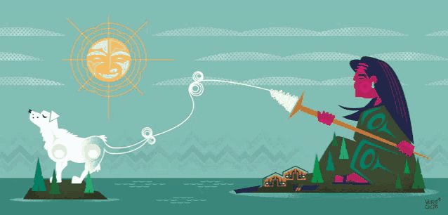 an illustration of a woman holding a spear and a dog with a sun in the background and a house in the distance