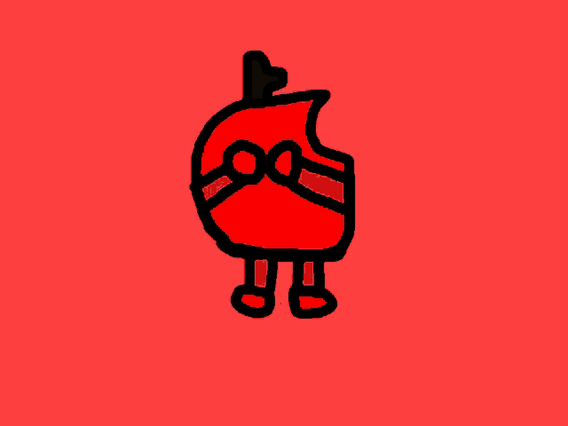a cartoon drawing of a red apple with arms and legs on a red background