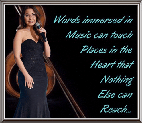 a woman in a black dress stands in front of a microphone with a quote about music