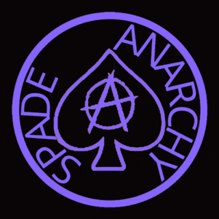a purple anarchy logo with a spade on it