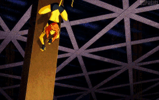 a cartoon character is hanging upside down from a pole and the word supagirl is on the bottom left
