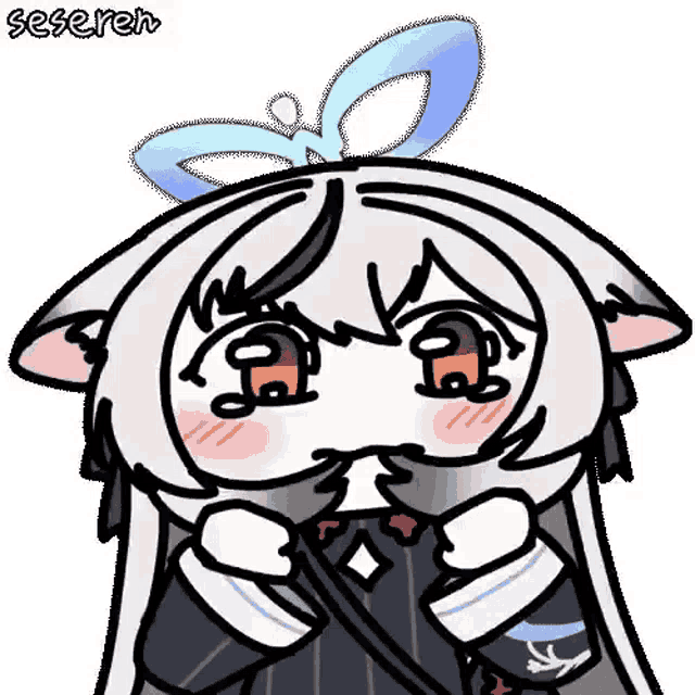 a cartoon drawing of a cat girl with long white hair and a bow on her head .