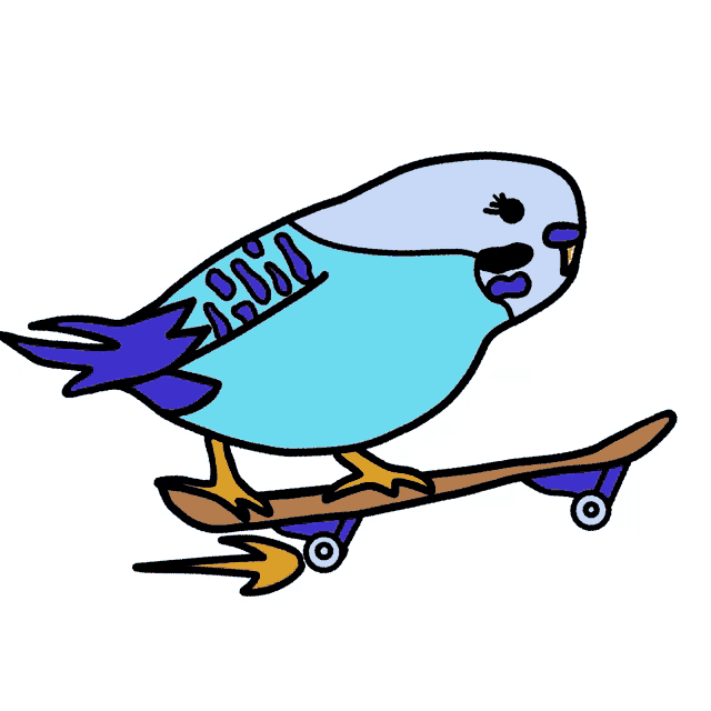 a blue and purple bird is riding a skateboard with a flame coming out of its tail