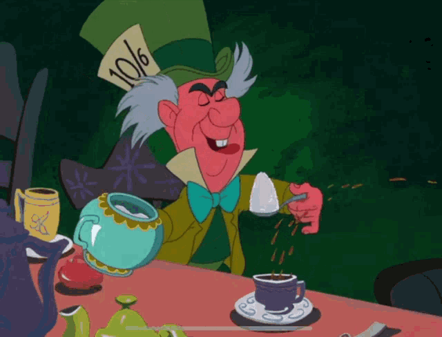 the mad hatter from alice in wonderland is pouring something into a cup