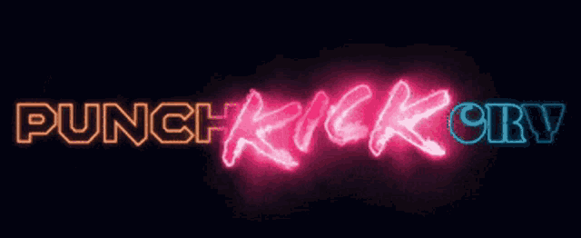 a neon sign that says punch kick cry is lit up