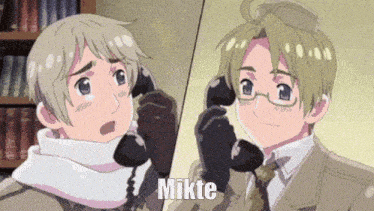 two anime characters talking on telephones with mikte written in the corner