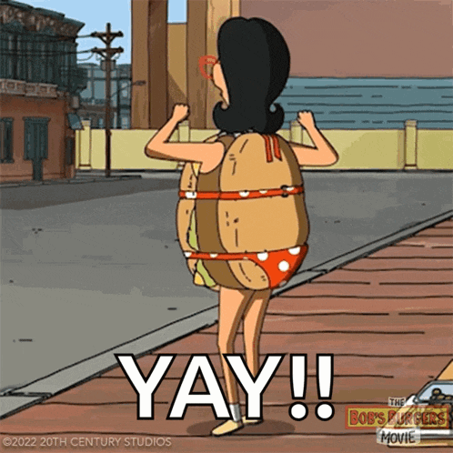 a cartoon character from bob 's burgers is wearing a bikini and saying yay