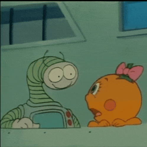 a group of cartoon characters including an orange with a pink bow on its head