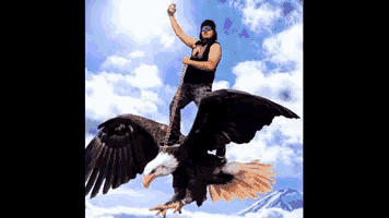 a man riding on the back of an eagle in the sky