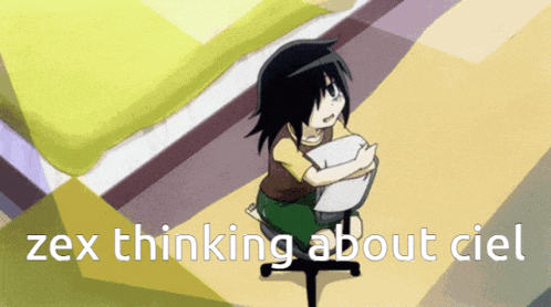 a girl sitting on a chair with the words zex thinking about ciel on the bottom