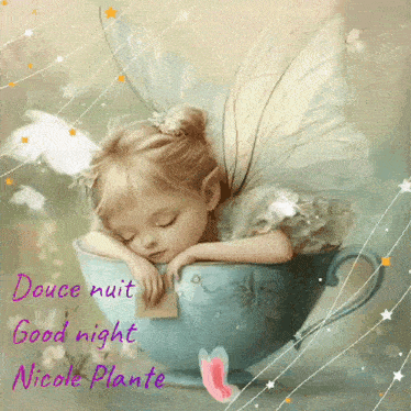 a little girl with fairy wings is sleeping in a cup with the words douce nuit good night nicole plante below her