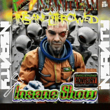 a man in an orange jacket is surrounded by aliens with the words insane show on the bottom