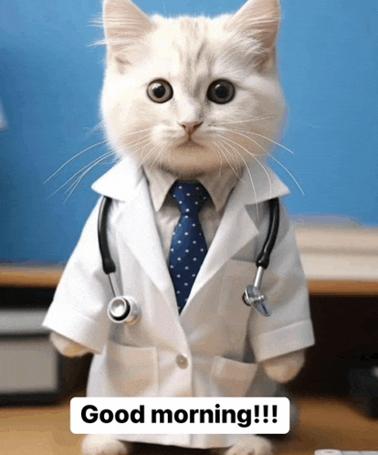 a cat dressed as a doctor with a stethoscope around its neck says good morning