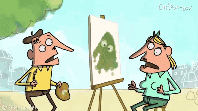 a cartoon of a man and woman looking at a painting on an easel