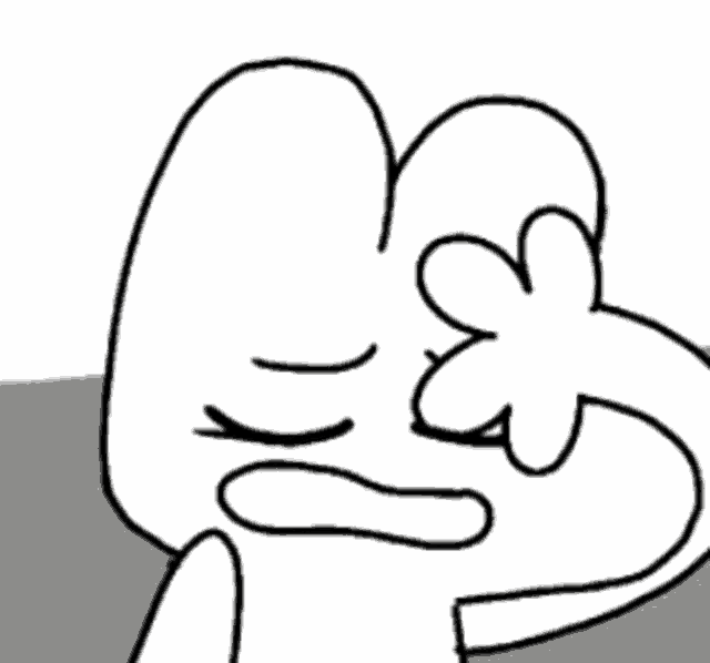 a black and white drawing of a cartoon character with a sad expression on his face .