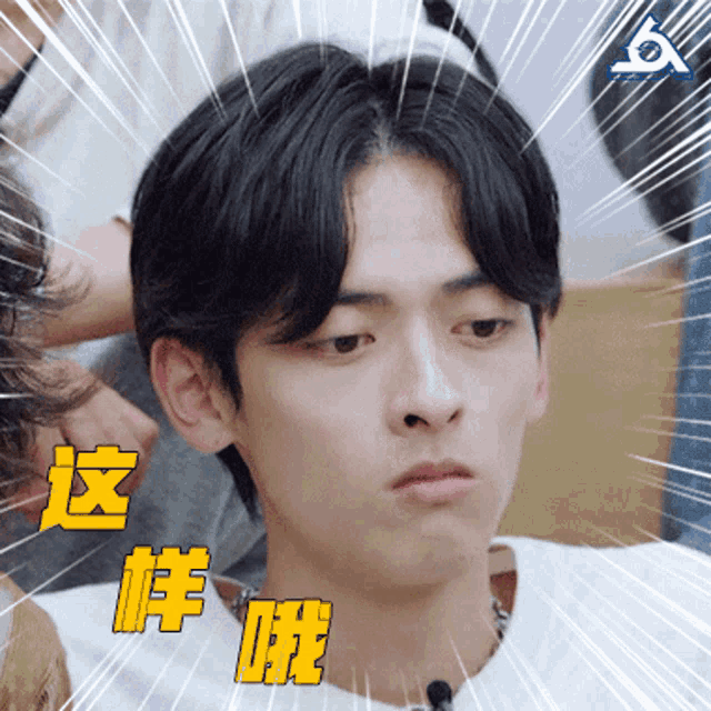 a close up of a young man 's face with chinese characters surrounding him