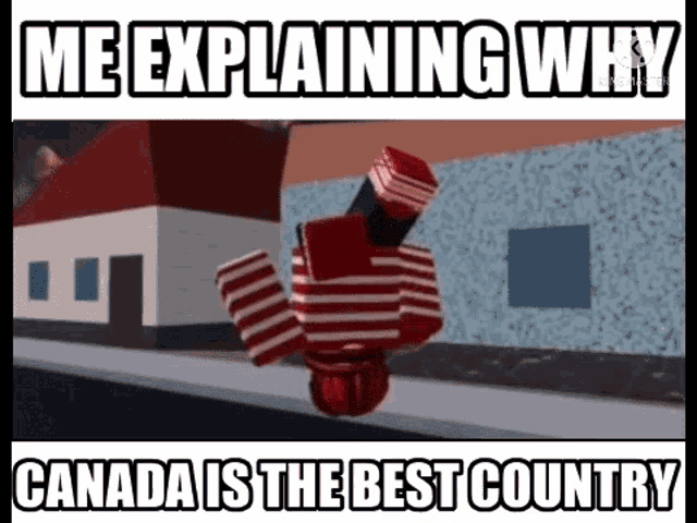 a person in a red and white striped shirt is falling down in front of a building .