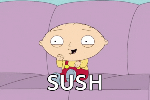a cartoon character is sitting on a couch and the word sush is on the screen