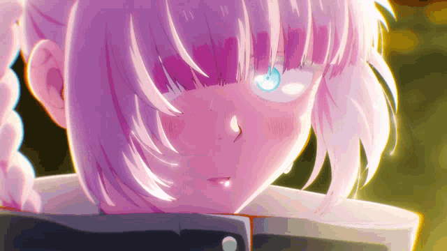 a close up of a girl 's face with purple hair and blue eyes