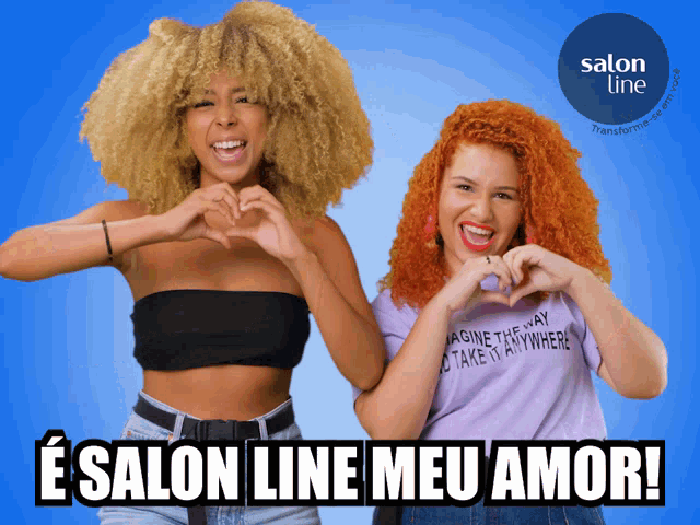 two women are making a heart shape with their hands in front of a blue background that says salon line