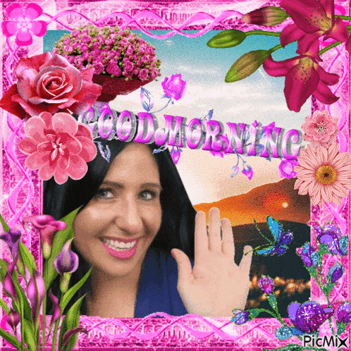 a picture of a woman surrounded by flowers with the words good morning
