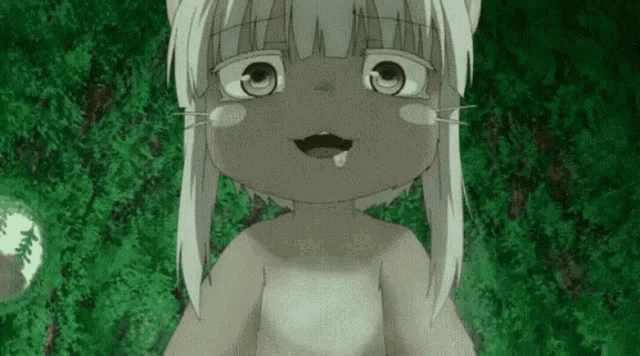 a naked anime girl with white hair and green eyes is sitting in the woods .