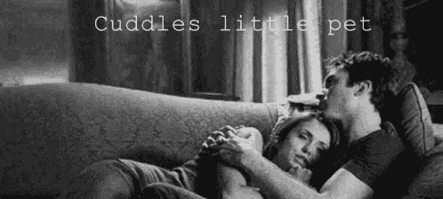 a man and a woman are laying on a couch hugging and kissing .