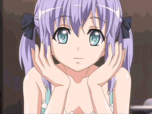 a girl with purple hair and blue eyes looks at the camera