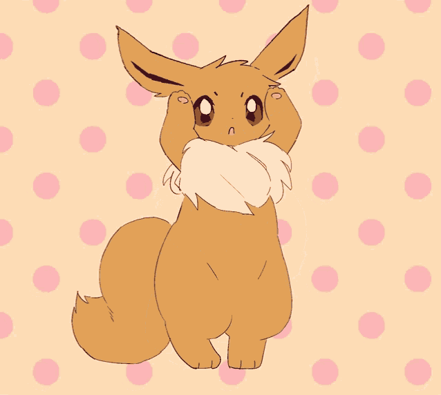 a drawing of an eevee with pink polka dots on a yellow background