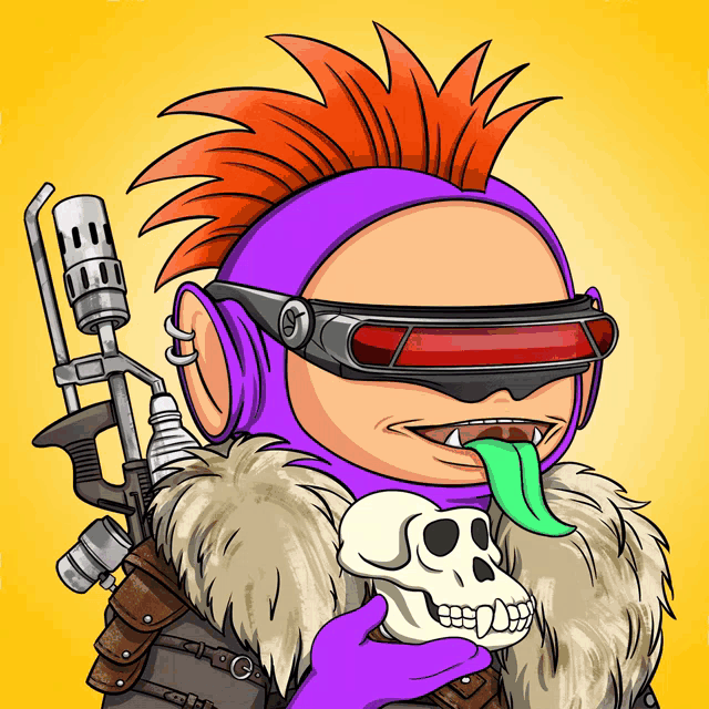 a cartoon character with a mohawk is holding a skull with his tongue hanging out