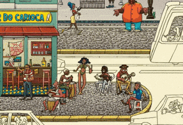 a cartoon drawing of people in front of a do carioca restaurant