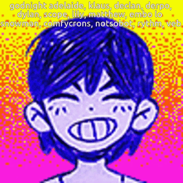 a cartoon of a boy with blue hair and a big smile on his face