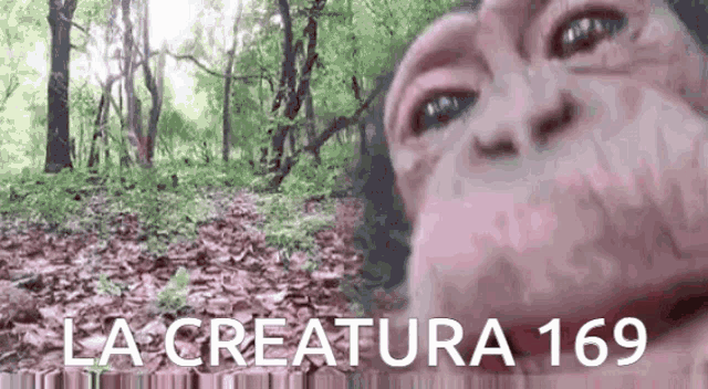 a close up of a monkey 's face in the woods with the words `` la creatura 169 '' written on the bottom .